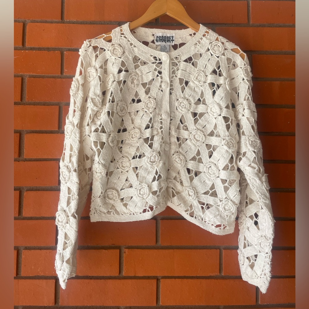 VTG. CROQUET CLUB Women's Ivory Crocheted Cardigan Sweater Cottagecore Size M